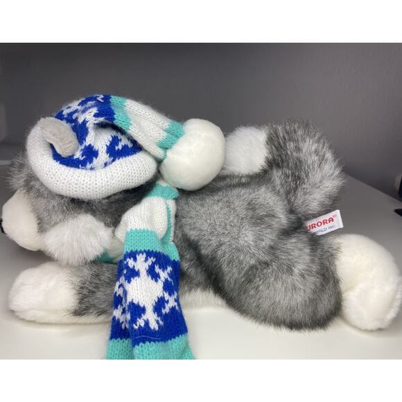 Aurora Flopsie Husky Wolf Plush 12” Blue Winter Hat Scarf Snowflake Vintage - Picture 2 of 14